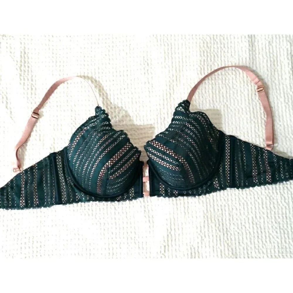 Victoria Secret Underwire Padded Plunge Bra Green Beige Lace Size 32DD